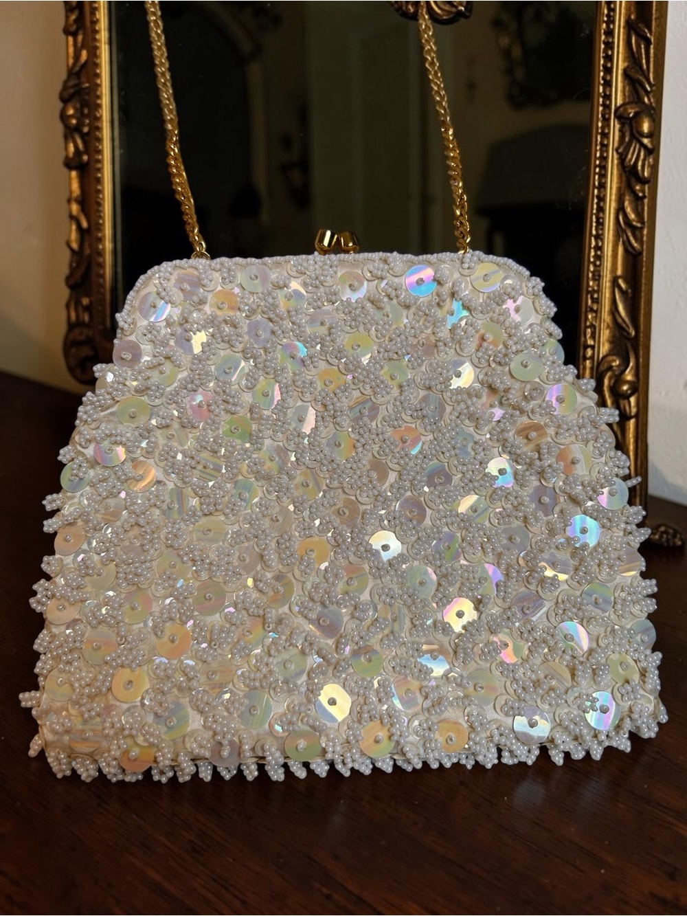 Vintage White Beaded & Sequin Evening Bag Hong Kong Romantic Glam Bridal